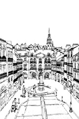 Bordeaux, France black and white coloring page for adults. European city, cityscape, buildings, street, landmarks, cathedral vector outline doodle sketch for anti stress color book