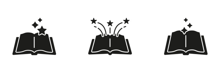 Open Book With Stars Solid Icon Set. Imagination, Creativity, And Knowledge Explosion Silhouette Symbol Collection. Educational Inspiration And Fantasy Concept. Isolated Vector Illustration