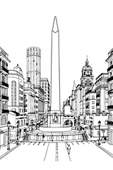 Fototapeta premium Buenos Aires, Argentina black and white coloring page for adults. Latin America city, cityscape, buildings, street, landmarks, monument vector outline doodle sketch for anti stress color book