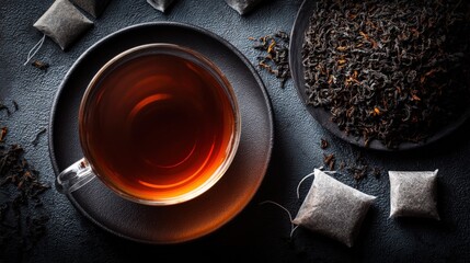 Richful Black Tea in Clear Glass Cup with Loose Tea Leaves and Tea Bags on Dark Surface for Tea Drinking and Relaxation