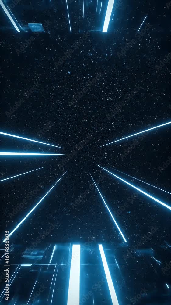 Poster abstract digital tunnel in blue with glowing lines for background visuals
