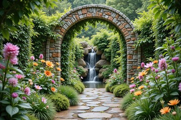 A hidden path winds through a secret walled garden, leading to an arching waterfall that cascades gently into a tranquil pool