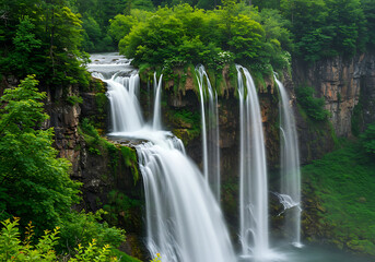 Obraz premium Focus on powerful waterfalls plunging into lush valleys or rocky cliffs. Highlight the motion, mist, and surrounding wild terrain.