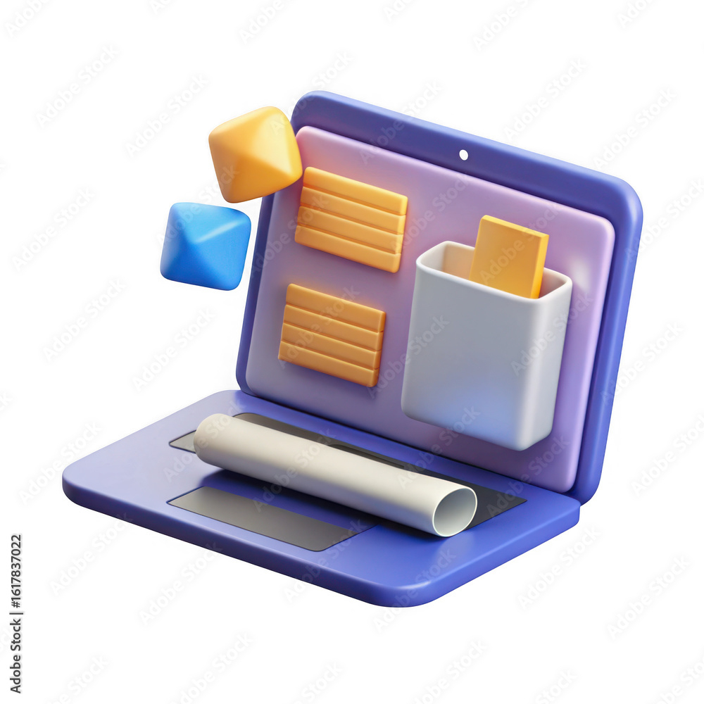 Aufkleber 3d laptop with digital elements and abstract shapes isolated on transparent background