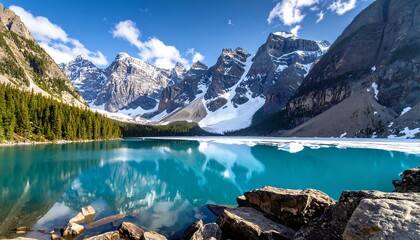 Serene mountain lake reflecting snow-capped peaks under a brilliant blue sky