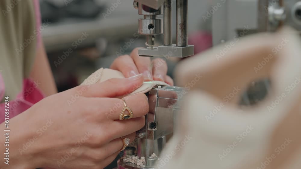 Poster hands guide shoe as machine perforates eyelets with precision