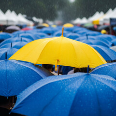 yellow and blue umbrellas in rain. Bright yellow umbrella standing out among a sea of blue umbrellas covered in rain droplets du a rainy day outdoor event.