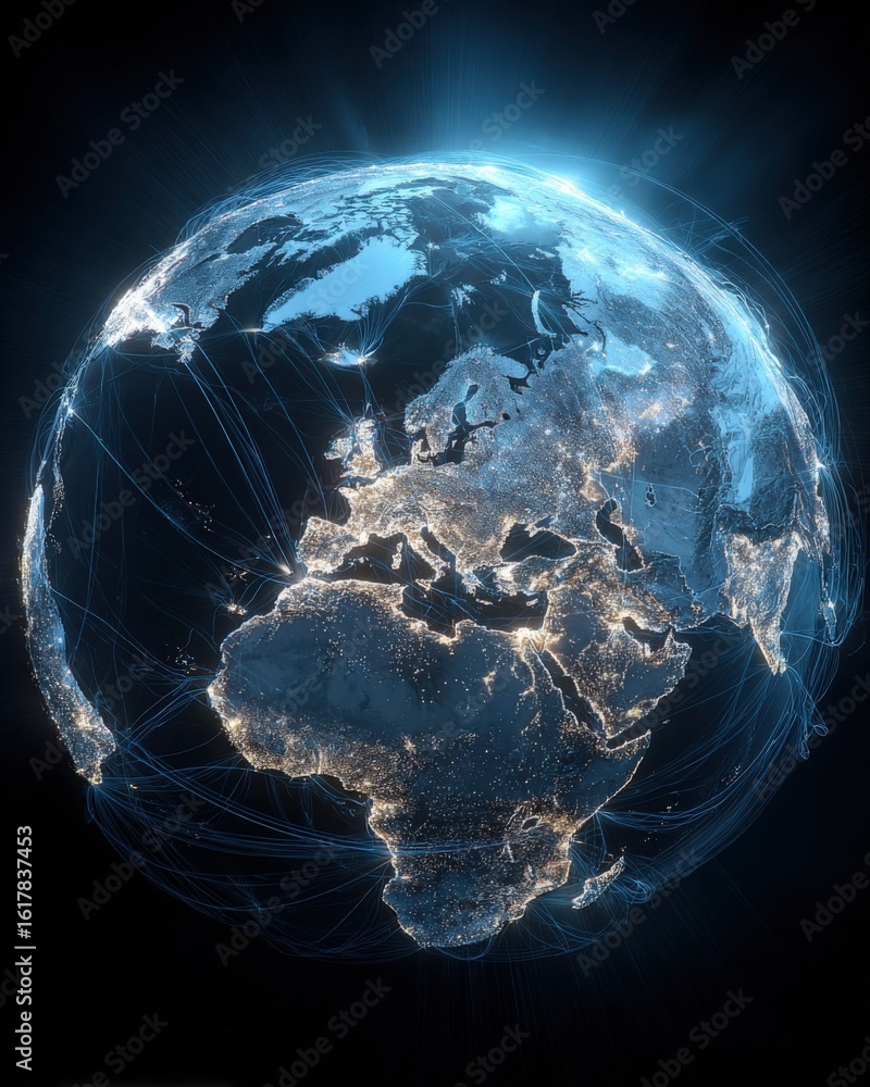 Poster detailed digital rende of earth with illuminated continents and network connections over a dark back
