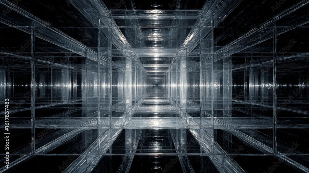 Poster futuristic digital tunnel with reflective glass walls and bright light beams creating a high-tech sc