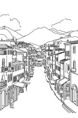Obraz premium Cusco, Peru black and white coloring page for adults. Latin America city, cityscape, buildings, street, landmarks, cathedral vector outline doodle sketch for anti stress color book