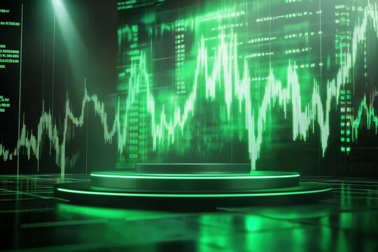 Futuristic digital green stock market trading floor with glowing financial charts and graphs in a high-tech environment