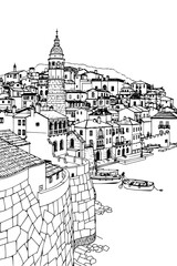 Dubrovnik, Croatia black and white coloring page for adults. European city, cityscape, buildings, street, landmarks, fortress vector outline doodle sketch for anti stress color book