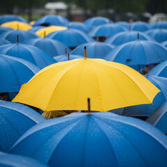 yellow and blue umbrellas in rain. Bright yellow umbrella standing out among a sea of blue umbrellas covered in rain droplets du a rainy day outdoor event.