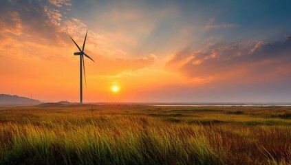 Obraz premium Vibrant sunset over open grassland with wind turbine under colorful sky du late evening with dramatic clouds and warm sunlight