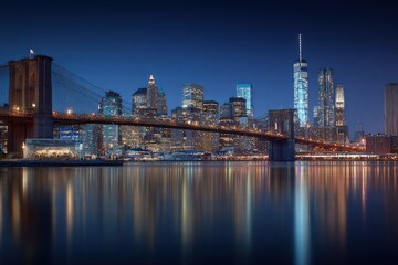 Stunning night view of New York City skyline with Brooklyn Bridge illuminated reflections on water tall skyscrapers cityscape