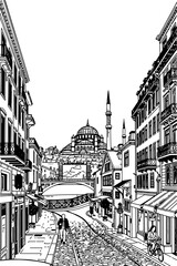 Istanbul, Turkey black and white coloring page for adults. European city, cityscape, buildings, street, landmarks, mosque vector outline doodle sketch for anti stress color book
