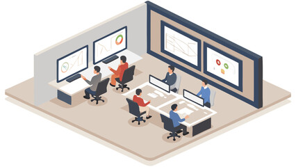 Isometric view of a control room with people working at computers and large display screens showing data