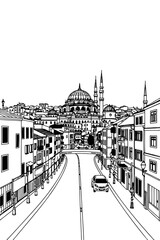 Istanbul, Turkey black and white coloring page for adults. European city, cityscape, buildings, street, landmarks, mosque vector outline doodle sketch for anti stress color book