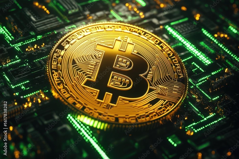 Poster close-up of a gold bitcoin coin with detailed engravings and the bitcoin symbol resting on a digital