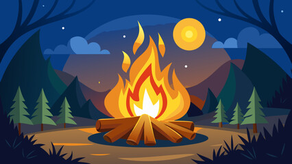 Vector art of a glowing campfire crackles in a forest at night, illuminated by the moon and scattered stars