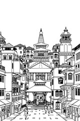 Kathmandu, Nepal black and white coloring page for adults. Asia city, cityscape, buildings, street, landmarks, temple vector outline doodle sketch for anti stress color book