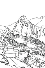 Machu Picchu, Peru black and white coloring page for adults. Ancient city, buildings, citadel, landscape vector outline doodle sketch for anti stress color book