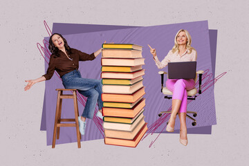 Pop zine full art photo collage of two happy girls academic sit stool book stack library visitor education university learner