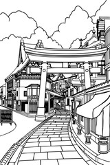 Kyoto, Japan black and white coloring page for adults. Asia city, cityscape, buildings, street, landmarks, shrine vector outline doodle sketch for anti stress color book