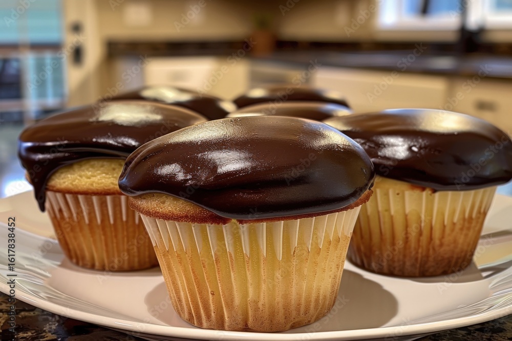 Poster assorted vanilla cupcakes covered with glossy chocolate frosting arranged on a white plate in a cozy