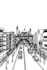 Manama, Bahrein black and white coloring page for adults. Middle East city, cityscape, buildings, street, landmarks, mosque vector outline doodle sketch for anti stress color book
