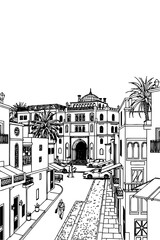 Marrakesh, Morocco black and white coloring page for adults. Arabian city, cityscape, buildings, street, landmarks, palace, mosque vector outline doodle sketch for anti stress color book