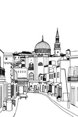 Marrakesh, Morocco black and white coloring page for adults. Arabian city, cityscape, buildings, street, landmarks, palace, mosque vector outline doodle sketch for anti stress color book