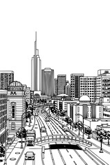 Oklahoma City black and white coloring page for adults. USA city, cityscape, buildings, downtown, landmarks vector outline doodle sketch for anti stress color book
