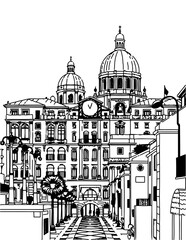 Naples, Italy black and white coloring page for adults. European city, cityscape, buildings, street, landmarks, cathedral vector outline doodle sketch for anti stress color book