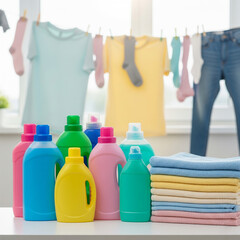 laundry detergent and towels. Laundry day essentials featuring colorful detergent bottles and neatly folded towels with clothes drying in the background.