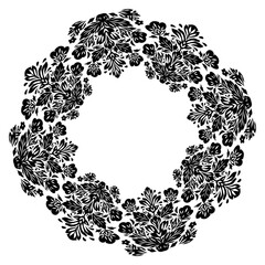 Vector monochrome round frame with decorative flowers. Folklore wreath with stylized black flowers. Floral circular border