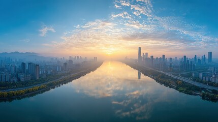 Fototapeta premium Stunning panoramic view of a modern city skyline with high-rise buildings and skyscrapers reflecting in a calm river at sunrise or sunset