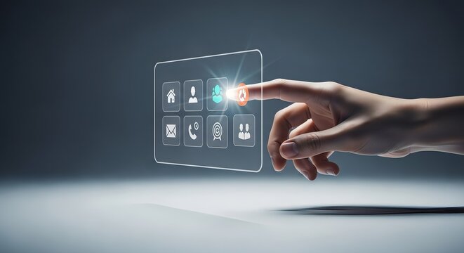 Hand interacting with a transparent screen displaying various application icons and interface elements