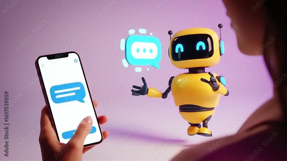 Poster animated yellow robot interacting with a smartphone chat interface