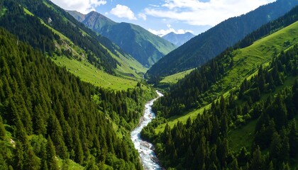 Fototapeta premium Serene mountain valley with river flowing through lush green landscape
