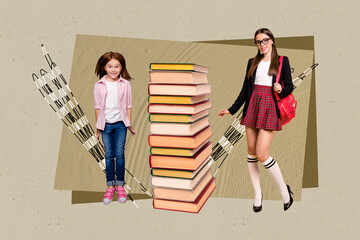 Creative pop poster sketch art collage of happy teacher woman small pupil schoolgirl do homework book stack education bookworm hobby