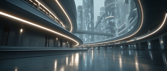 Futuristic cityscape with curved structures and modern buildings