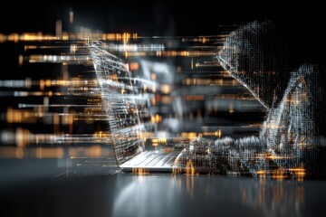 Futuristic digital hacker with glowing hoodie working on a high-tech laptop in a dark environment with holographic data streams and digital interface elements
