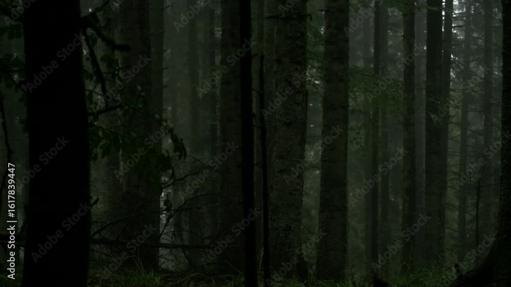 Poster pan move through trees in a shadowy, moss-covered forest in the dim light, evoking a mysterious and 