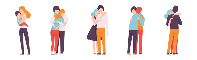 People Character Hugging and Embrace Feel Warmth Vector Set
