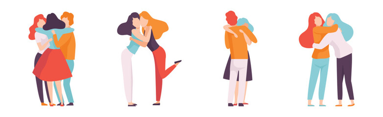 People Character Hugging and Embrace Feel Warmth Vector Set