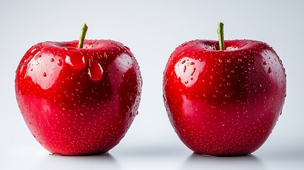 Minimalist Composition of Red Apples with Water Beads on White Background for Clean Food Visuals, Two fresh red apples with glistening water droplets. Perfect for health, food, and culinary themes.