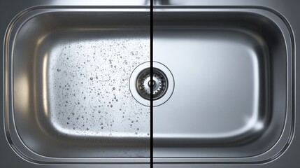 Stainless steel kitchen sink with water droplets and drain, modern utility basin for cleaning in contemporary kitchen setting