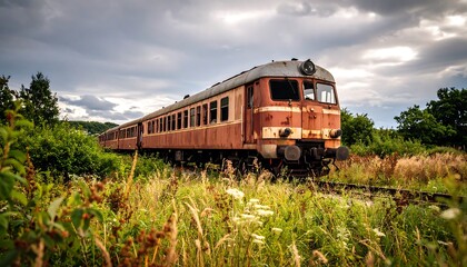 Obraz premium Old rusty train in overgrown field under cloudy sky