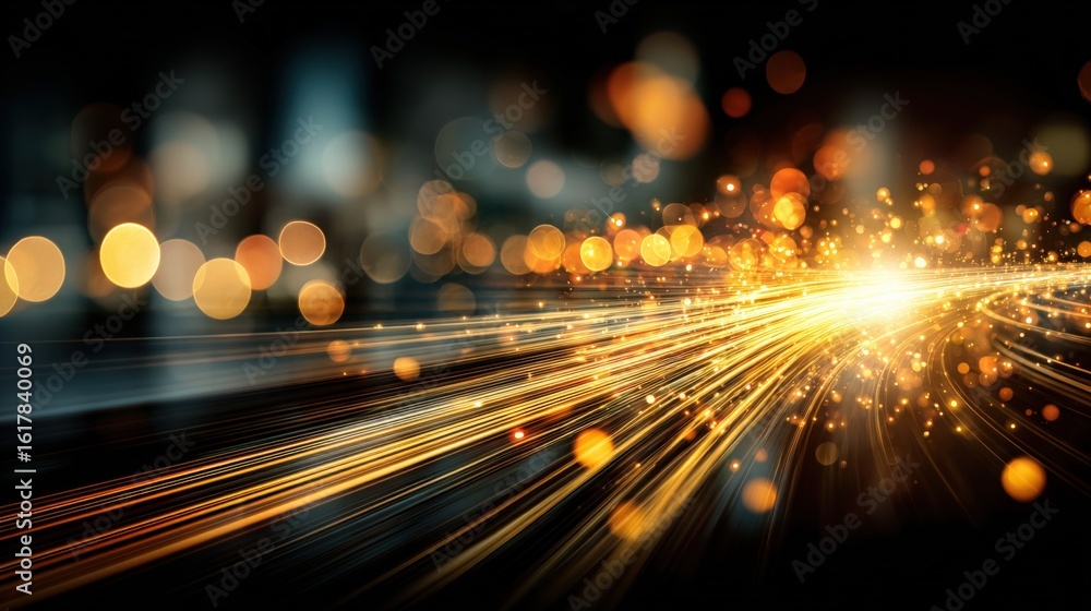 Poster abstract bright glowing sparks light trails speedy motion blur in dark background with bokeh sparkli